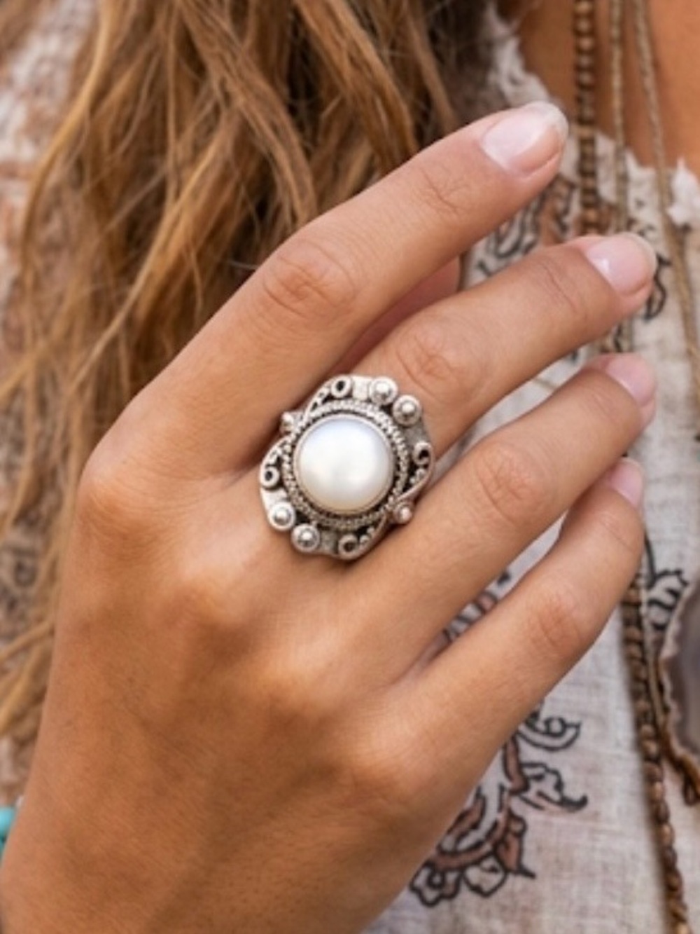 Vintage sterling silver genuine pearl statement ring Size 7.25